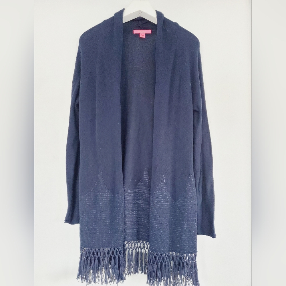 Lily Pulitzer Tatum Fringe Hem Navy Cardigan Size XL